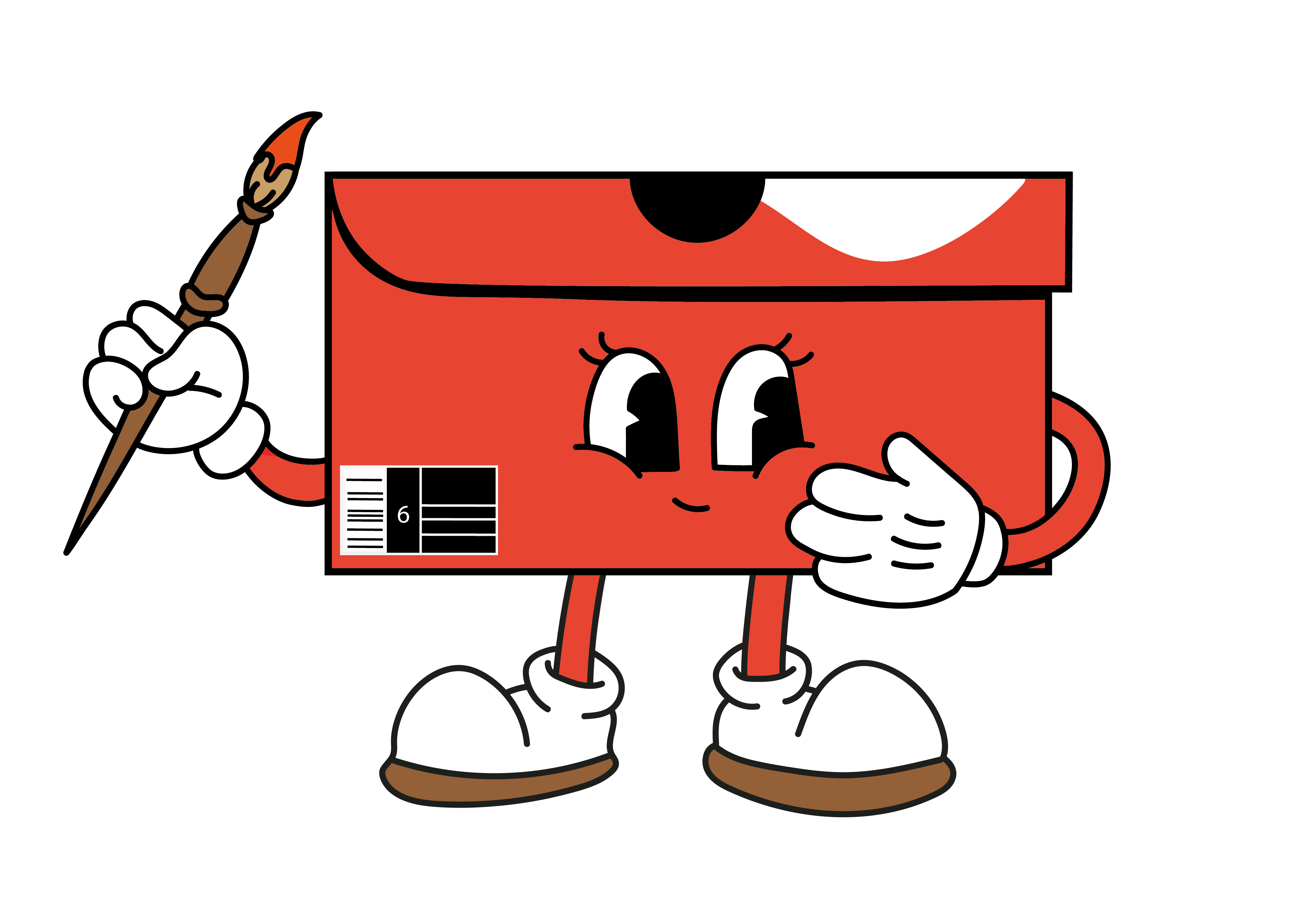 Roter Cartoon-Schuhkarton mit Gesicht, Armen und Beinen, hält einen Pinsel in der Hand.