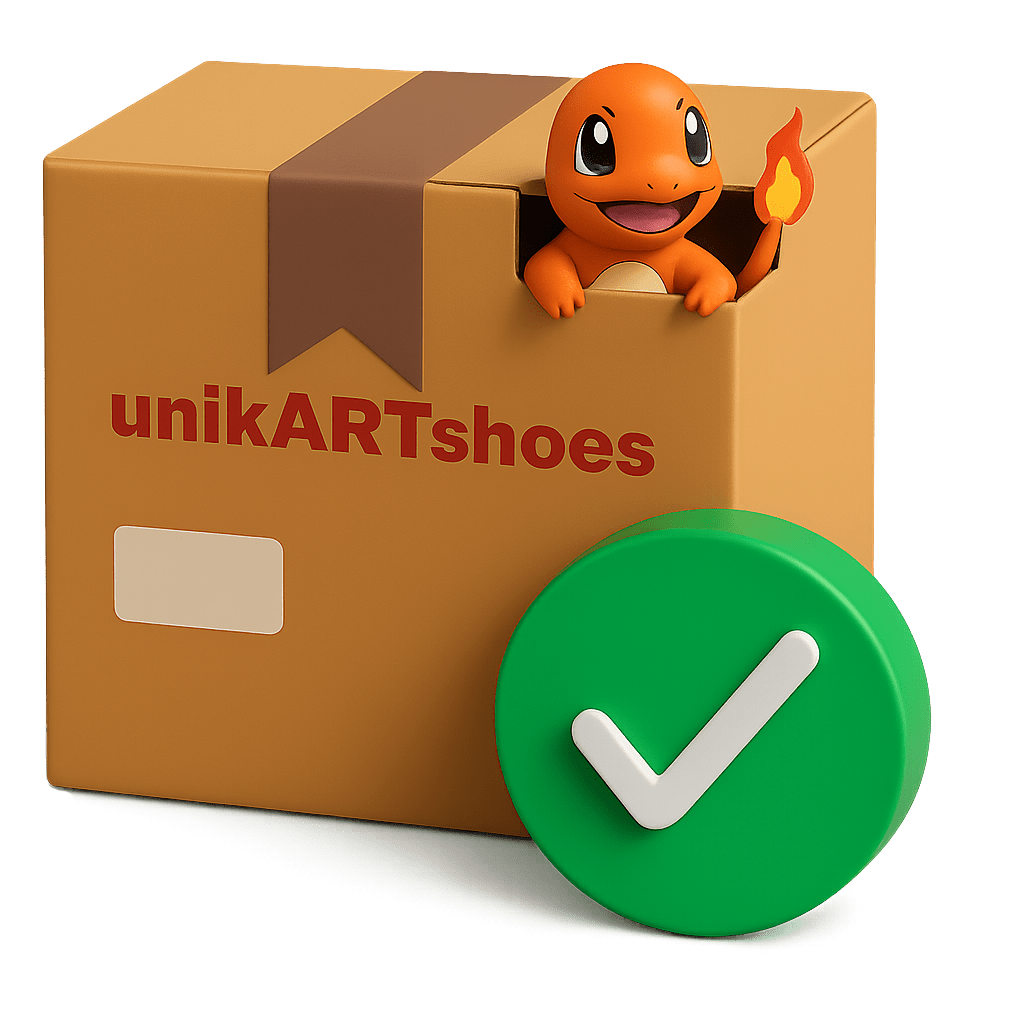 Ein orangefarbenes Glumanda (Pokemon) schaut aus einer Versandbox mit der Aufschrift 'unikARTshoes', daneben ein großes grünes Häkchen-Symbol vor neutralem Hintergrund.