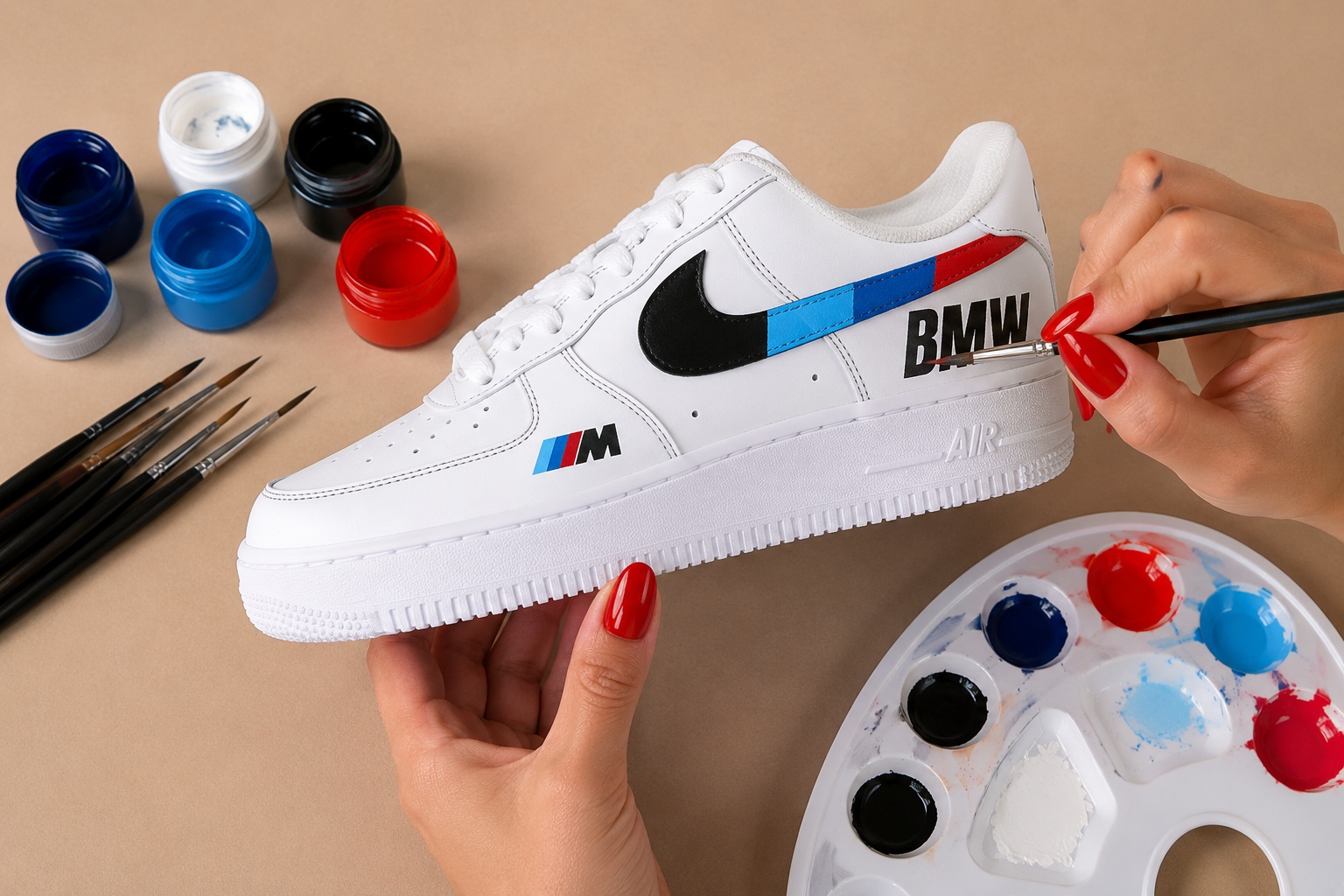 Hand bemalt weißen Nike Air Force 1 Custom Sneaker mit BMW M Logo und farbigen M-Streifen, Farbtöpfe in Rot Blau Weiß und Schwarz daneben auf beigem Tisch