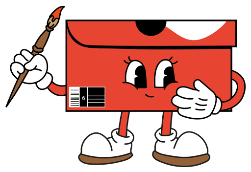 Maskottchen von Unikartshoes als roter Schuhkarton mit Gesicht und Pinsel in der Hand